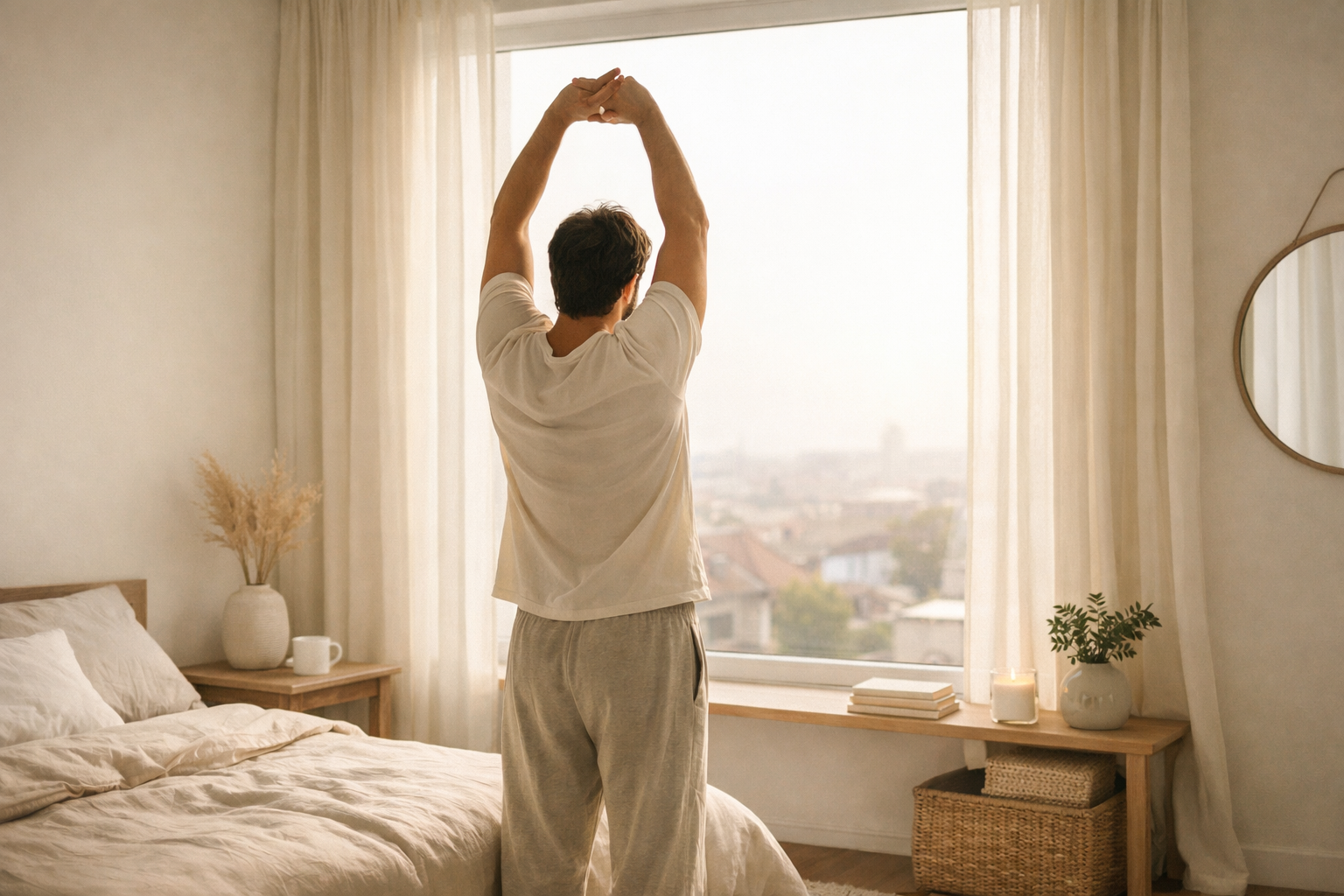 Peaceful morning scene with a person stretching by a window, soft natural light, minimalist interior, warm neutral tones, wellness lifestyle photography