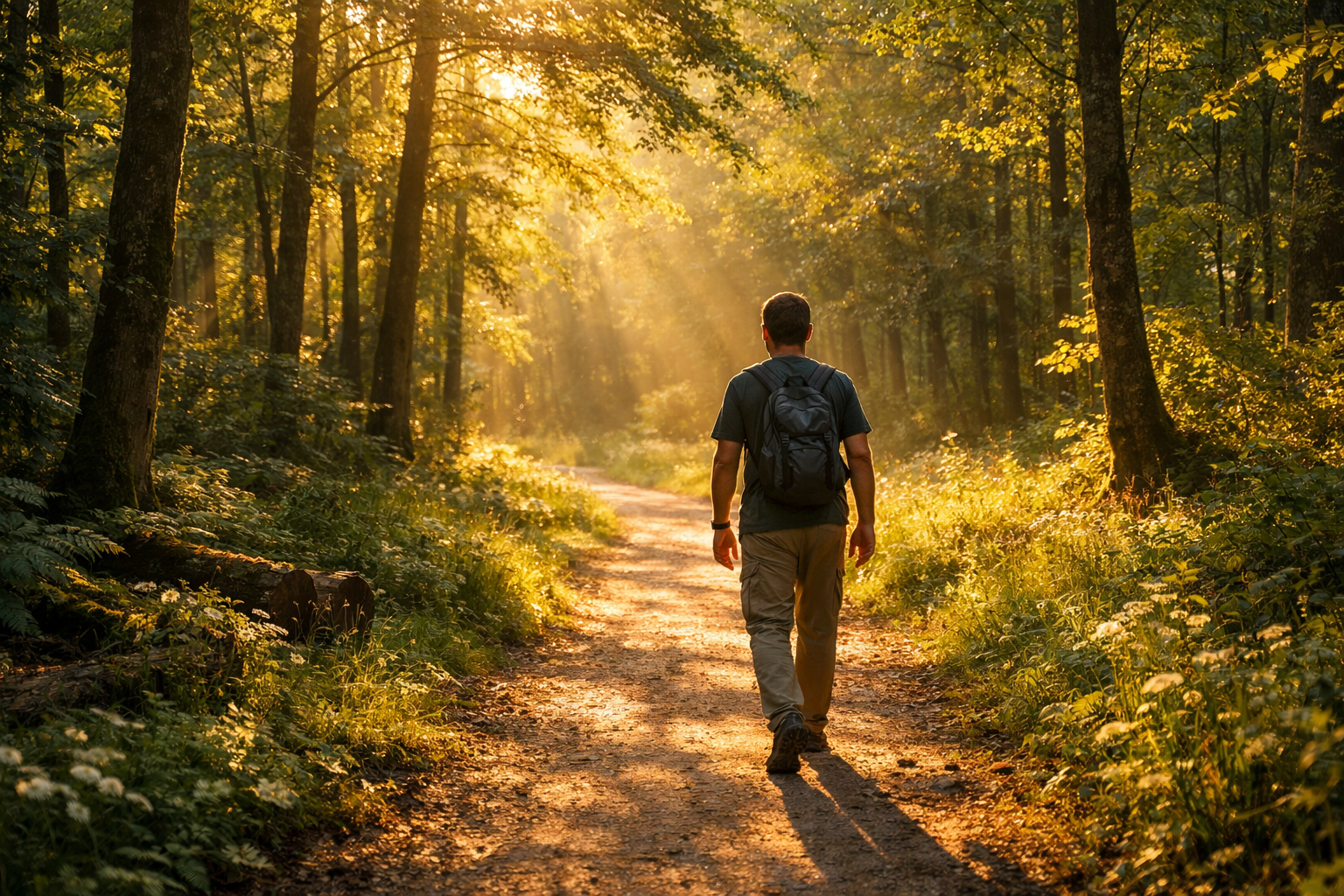 Person walking on a forest path during golden hour, dappled sunlight through trees, peaceful nature scene, wellness and mindfulness atmosphere